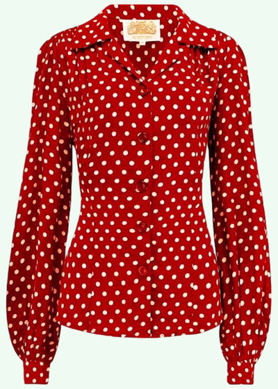 Poppy vintage stils skjortebluse i rød med prikker langærmet skjorte Seamstress Of Bloomsbury 
