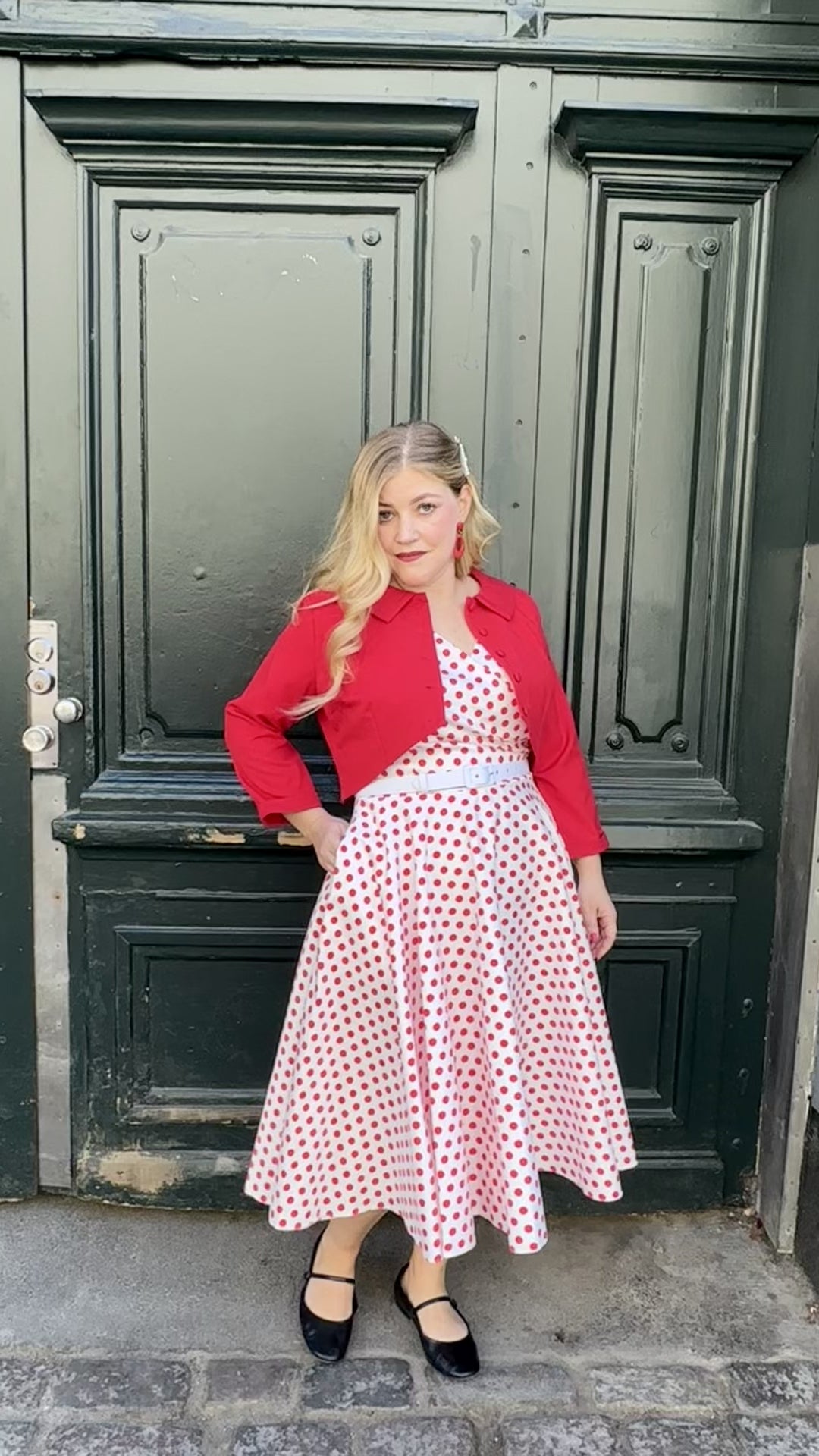 Hourglass swing dress in white with red polka dots from Pretty Dress Company