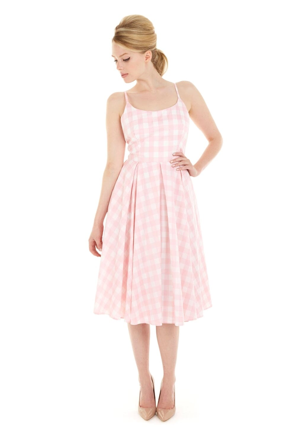 Priscilla swingkjole i store pink gingham tern Kjoler Pretty Dress Company 
