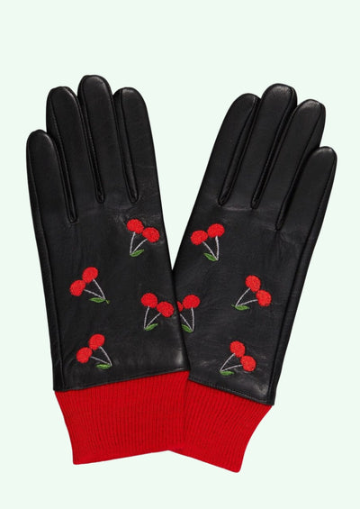 Retro handsker i sort læder med kirsebær Accessories Mabel Sheppard 