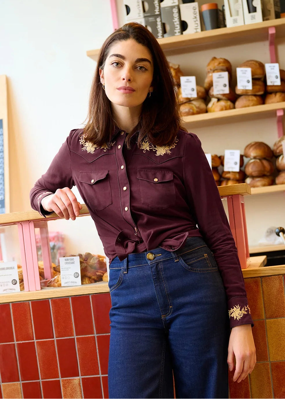 Rosetta western skjorte med broderi - bordeaux langærmet skjorte King Louie 