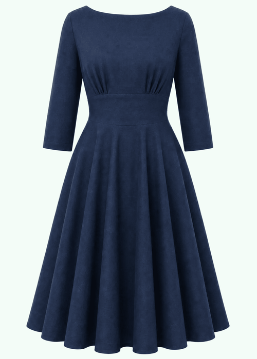 Ruby boatneck swing dress with 3/4 sleeves - navy linen