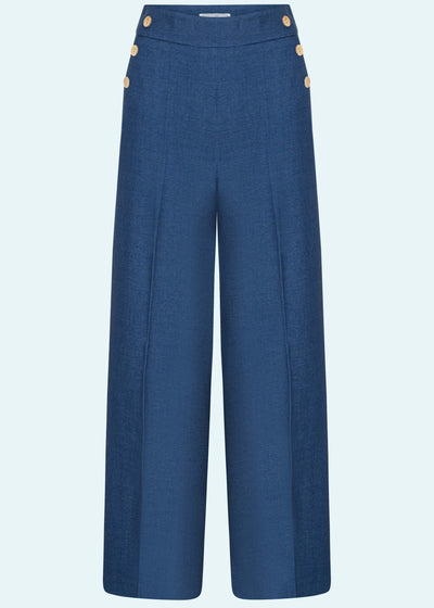 Sally højtaljede bukser med knapper i blå denim-look bukser Daisy Dapper 