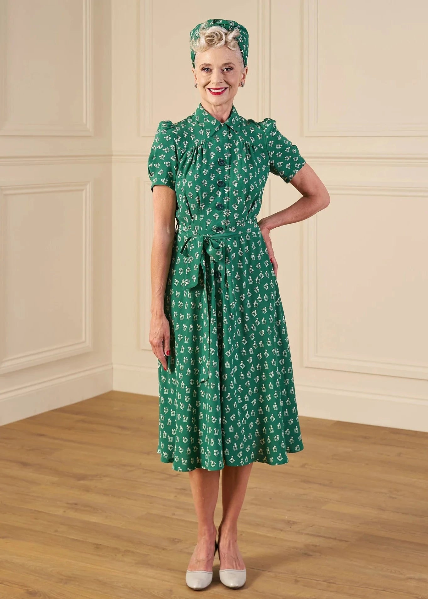 Skjortekjole i 1940'er stil i grøn 'Diamond Deco' Kjoler House of Foxy 