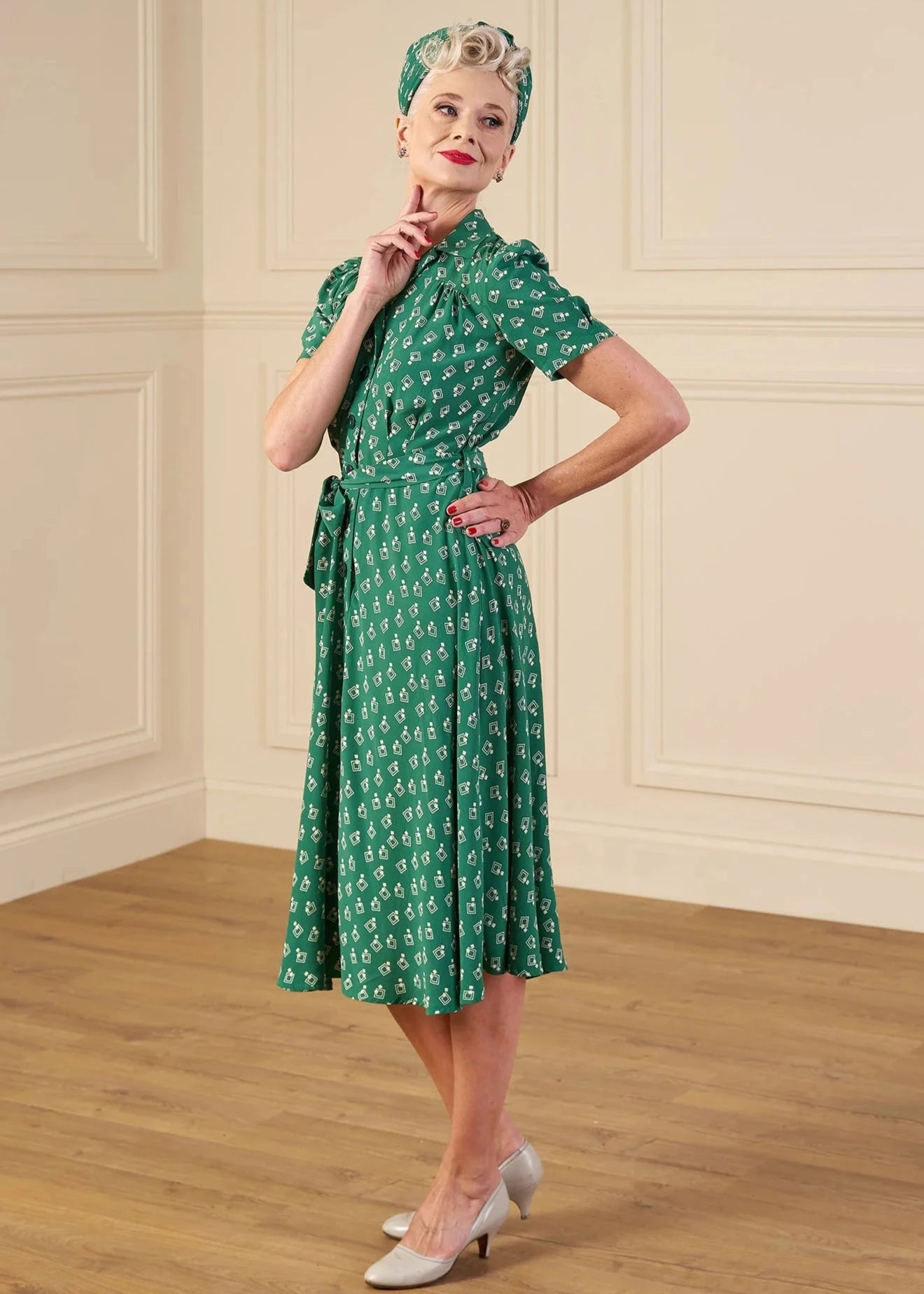Skjortekjole i 1940'er stil i grøn 'Diamond Deco' Kjoler House of Foxy 