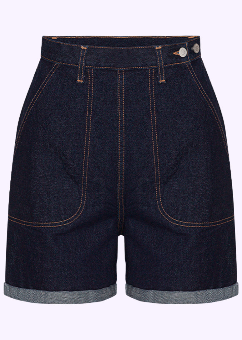 Freddies of Pinewood: Buckleback højtaljede shorts i vintage stils denim Freddies Of Pinewood 