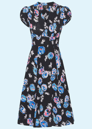 House of Foxy: Ava - klassisk A-line kjole i sort med blomster toej House Of Foxy 